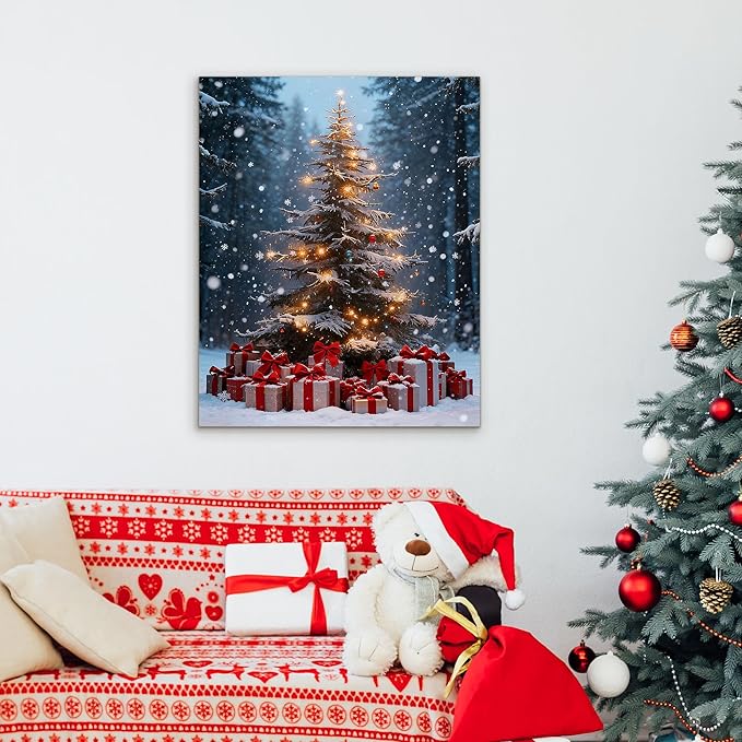 Framed Christmas Pictures Wall Decor,Vintage Pine Tree Prints,Winter Christmas Canvas Wall Art Decoration for Bedroom Bathroom Living Room Rustic Xmas Holiday Gifts (Christmas Tree 14, 12'' X 16'')