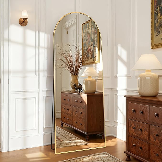 Full Length Mirror 56"x21" - Arched Floor Standing Body Mirror with Aluminum Frame,Leaning Hanging for Bedroom Cloakroom Living Room Gold