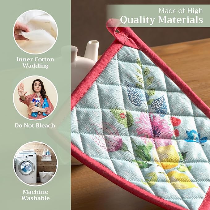 Maison d' Hermine Pot Holders 100% Cotton Heat Resistant Potholders 8" x 8" Hot Pads with Loop BBQ, Cooking, Baking, Grilling, Kitchen, Handling Hot Pans Spring/Summer (Pack of 1, Jardin D'Ete - Mint)