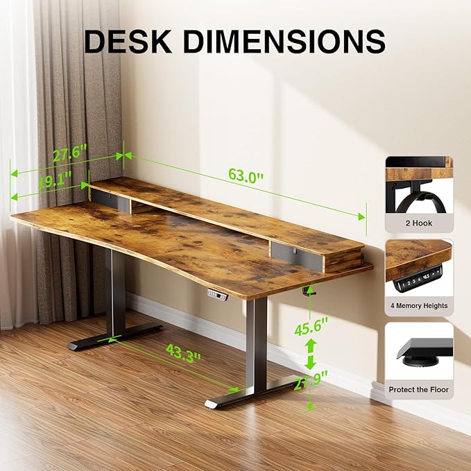 Veken 63"×27.6" Adjustable Standing Desk with Drawers, Ergonomic Computer Desk with Monitor Shelf, Home Office Desk for Work, Study, Gaming, Writing, Brown