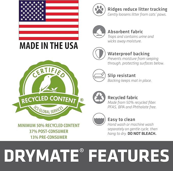 Drymate Cat Litter Trapping Mat, (Ridged Design), Traps Litter & Mess from Box, Soft on Kitty Paws, Absorbent, Waterproof, Urine-Proof, Machine Washable, Durable, (USA Made) (20" x 28")