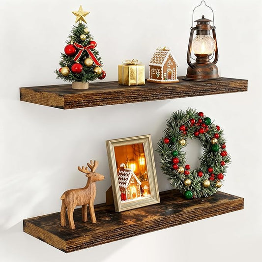 32 Inch Floating Shelves, Wall-Mounted Bathroom Shelves Set of 2, 9.3 Inch Deep Floating Shelf Bookshelf for Living Room, Bedroom, Heavy-Duty Deep Storage Shelf for Wall, Rustic Brown Color