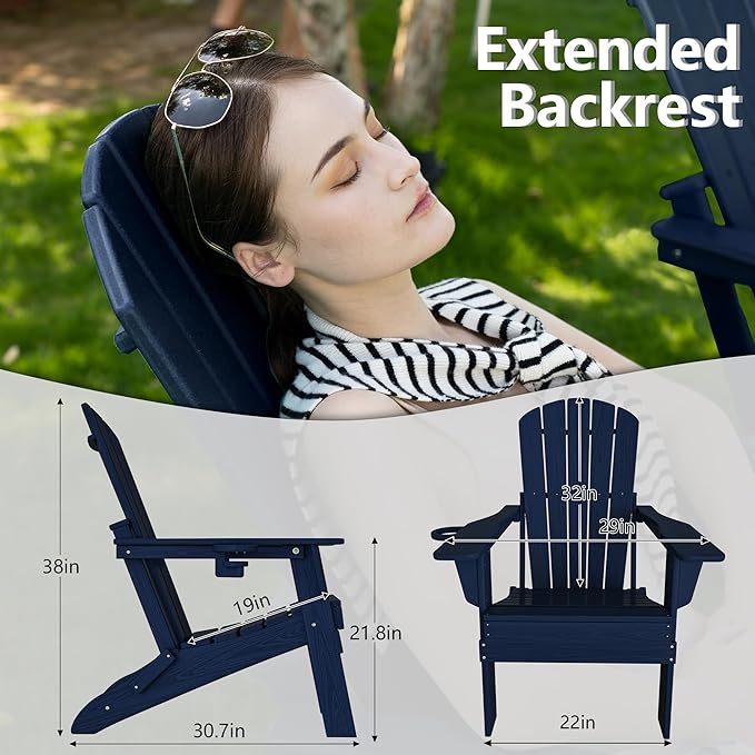 Plawdlik Folding Adirondack Chair, SGS Tested, Wooden Textured with Cup Holder, Heavy All-Weather HDPE Comfortable Set Poolside Backyard Lawn Navy Blue