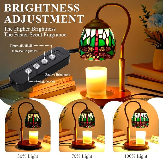 Tiffany Style Candle Warmer Lamp with Timer, Dimmable Dragonfly Stained Glass Candle Lamp Warmer, Vintage Candle Light for Scented Candles with 2 Bulbs for Home Deco Birthday Gifts for Mom Women