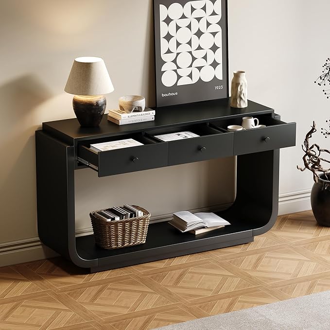 Merax 55" Entryway Table with 3 Drawers, Natural Wood Grain Finish Console Table with Fluted Design for Entryway and Living Room (Black)