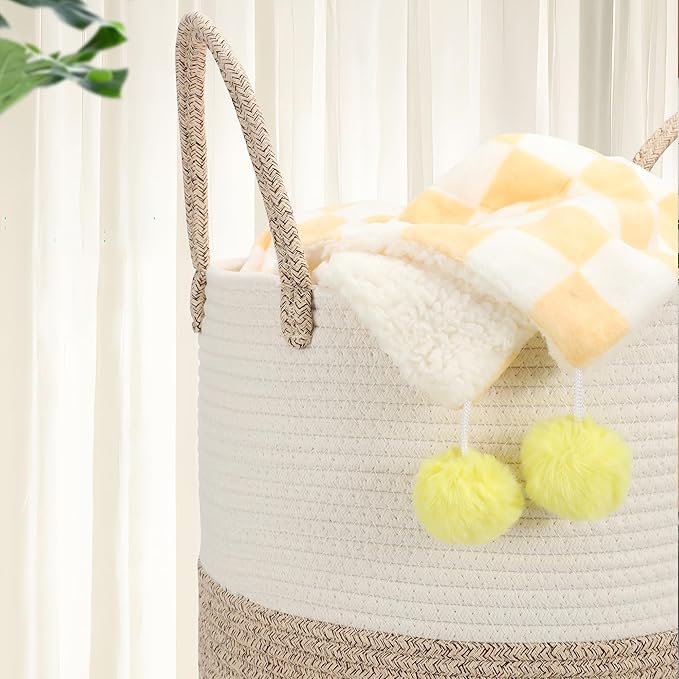 58L Cotton Rope Laundry Basket (20"x15"), Woven Storage Basket for Laundry, Living Room, Nursery, Bedroom, Blankets (White/Brow)