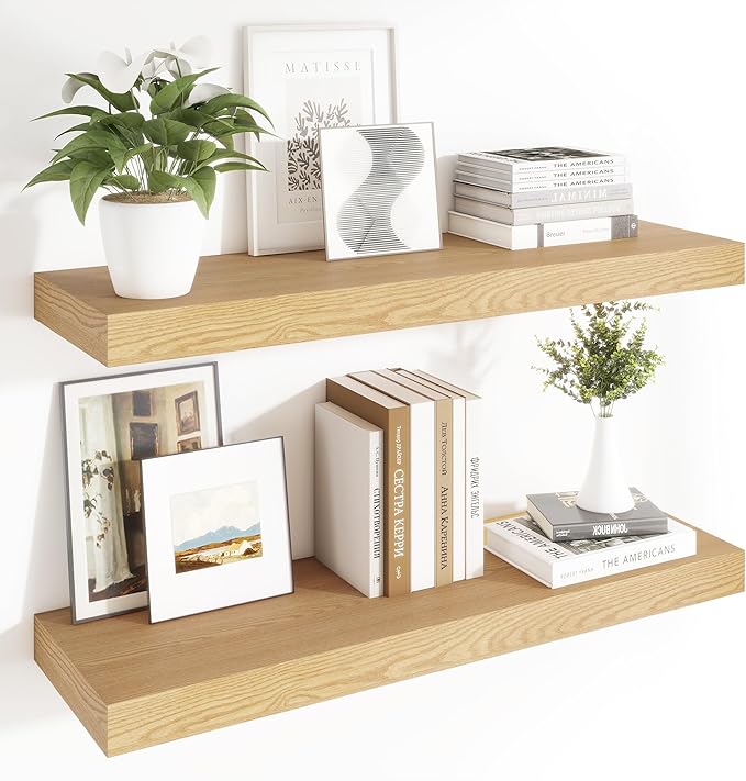 Heimlove 12 Inch Deep Floating Shelves, 48 x 12 inches Long Wall Shelf, Large Display Shelf & Storage Shelf, Rustic Wood Wall Shelves for Fireplace Mantel, Set of 2(Oak)