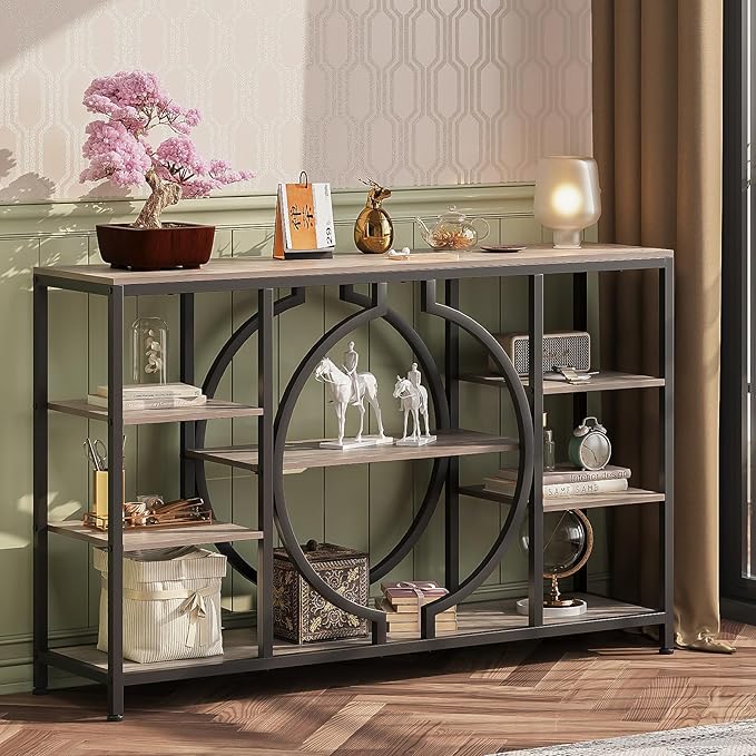 GiftGo 47" Industrial Console Tables for Entryway Rustic Sofa Table Behind Couch 4 Tier Wooden Shelves Entry Table with Storage for Foyer, Hallway, Front Door,Living Room (Retro Grey, 47")