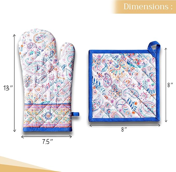 Maison d' Hermine 100% Cotton Oven Mitt & Pot Holder Set (7.5"x13" & 8"x8") Heat Resistant BBQ Cooking Gloves with Loop, Baking, Grilling, Kitchen, Handling Hot Pans Spring/Summer (Indian Floral)