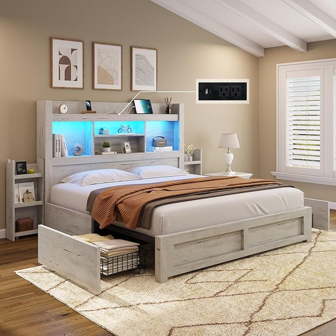 AMERLIFE Queen Bed Frame with 4 Storage Drawer, LED Bed Frame with 49.6" Tall Bookcase Headboard, Wood Platform Bed with Charging Station & 2 Slide Bedside Shelf, No Box Spring Needed/Distressed White