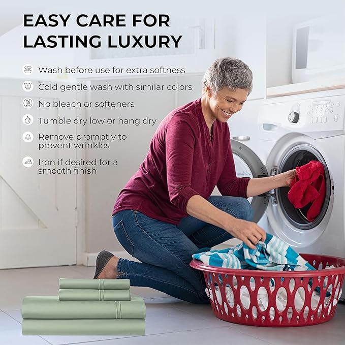 100% Natural Cotton Bed Sheets | 500 TC Single-Ply Sateen Weave Full Size Sheets | Soft, Breathable, Hypoallergenic Solid 4-Piece Bedding with Deep Pocket Fitted, Flat, Pillowcase | Sage