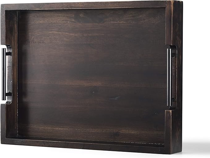 Ottoman Tray, Acacia Wood Serving Tray with Metal Handles, 16.5x12.5in Food Drinks Tray for Coffee Table, Breakfast, Dinner & Bar, Rustic Decorative Storage Tray for Ottoman, Kitchen, Packaging