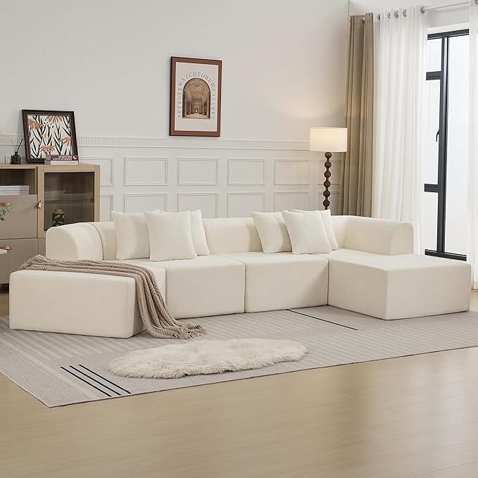 140''Oversized Cloud Velvet Curved Sectional Couch, Boneless Couch with L-Shape Chaise, Upholstered Compression Memory Foam Modular Sectional Sofa for Living Room, No Assembly Required, Beige