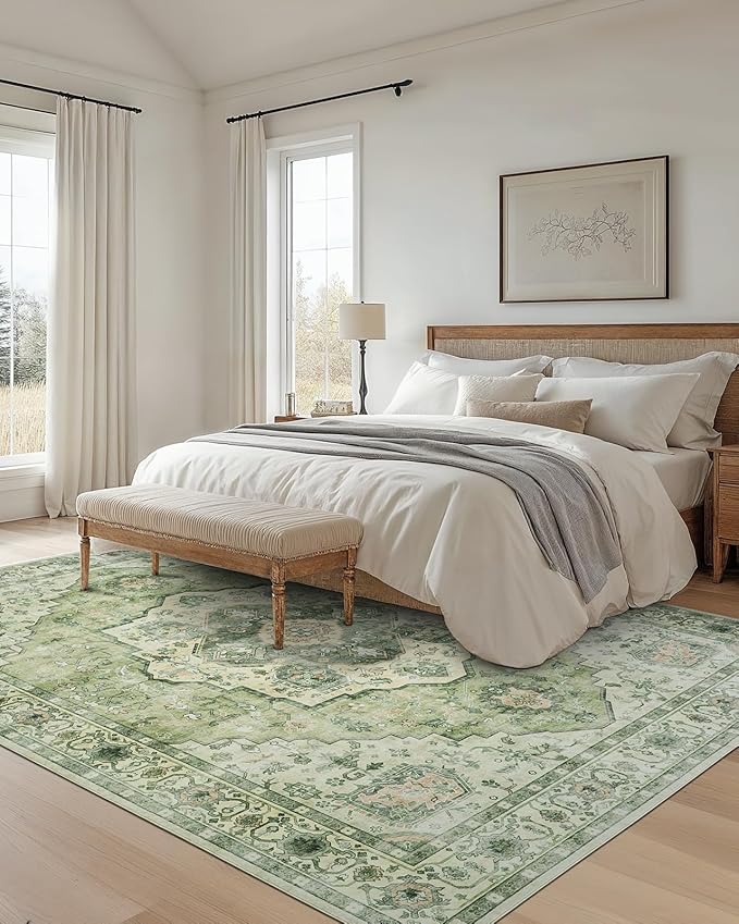 AMADA HOMEFURNISHING 9x12 Area Rug, Washable Low-Profile Large Area Rug with Non-Slip Backing & Durable Edge Binding, Vintage Large Rugs for Living Room, Bedroom