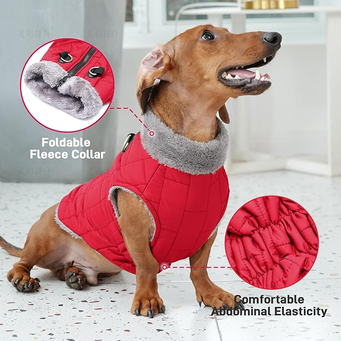 Warm Fleece Dog Coats with Durable Harness Buitl in D-Ring,Waterproof Doggie Jacket for Medium Dogs,Dog Vest for Cold Winter,Red XL