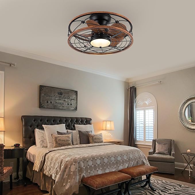 TIFEROR 20'' Low Profile Ceiling Fans With Light, Flush Mount Caged Ceiling Fan With Remote Control, Reversible Motor With Low Noise And Energy Efficient, 3 Color LED