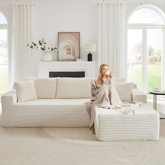 Modular Cloud Sectional Couch with L-Shape Chaise,Modern Upholstered Couches with Deep Seat,Corduroy Sponge Compressed Sofa for Living Room, Bedroom,No Assembly Required(Off White)