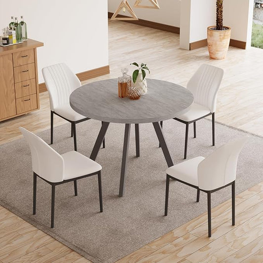 34.6'' Round Dining Table and Chairs for 4, Mid Century Modern Round Table Set, Space Saving for Apartment Kitchen Dining Room (Grey Table+4 White Chairs)