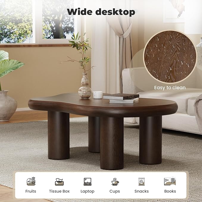 Cloud Coffee Table 46" Dark Brown Wood Coffee Table with 4 Sturdy Legs Mid-Century Modern Center Table Tea Table for Living Room Bedroom Office (Clouds Brown)