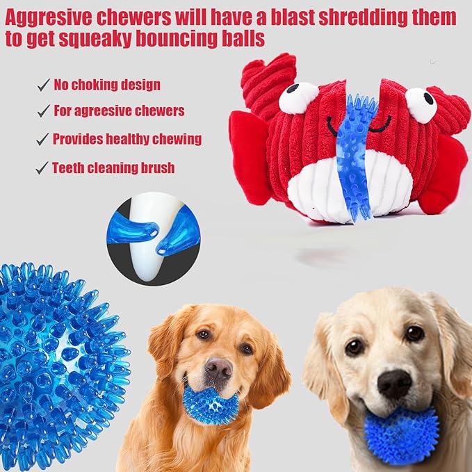 Squeak Dog Toys for Aggressive Chewers, No Stuffing Squeak Dog Chew Toys for Aggressive Chewers, Interactive Dog Toy Ball with Crinkle Paper for Medium Dogs, Large & Small Breeds (D-Crab+Whale)