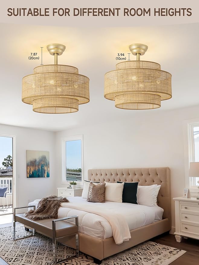 Boho Fandelier Ceiling Fan with Light Rattan Chandelier Fan Remote Gold Caged Ceiling Fan with Light for Bedroom, Living Room Nursery Foyer Kitchen（6 Speed, Timing Adjustable Height）