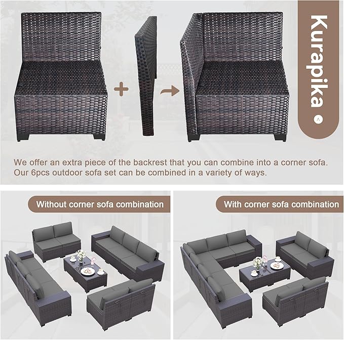 Kurapika 12 Pieces Patio Furniture Set, Rattan Wicker Outdoor Conversation Sets w/4 Inch Cushion and Glass Coffee Table(Grey)