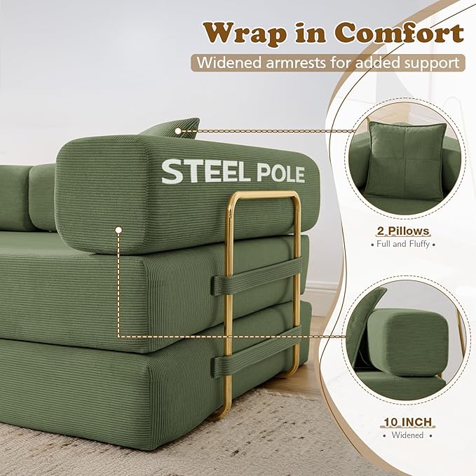 Antetek Convertible Futon Sofa Bed, 3-Seater Modern Corduroy Foam Floor King Size Bed Fold Out Sleeper Lounge Loveseat Sofa Couch with 2 Throw Pillows for Living Room Bedroom Guest Room, Army Green