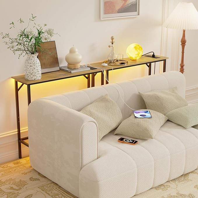 Narrow Console Table with Led Light and Charging Station，29.5" Small Entryway Table，Display Table，Entryway Hallway Thin Sofa Table Behind Sofa, Small Spaces, Living Room, Rustic Brown