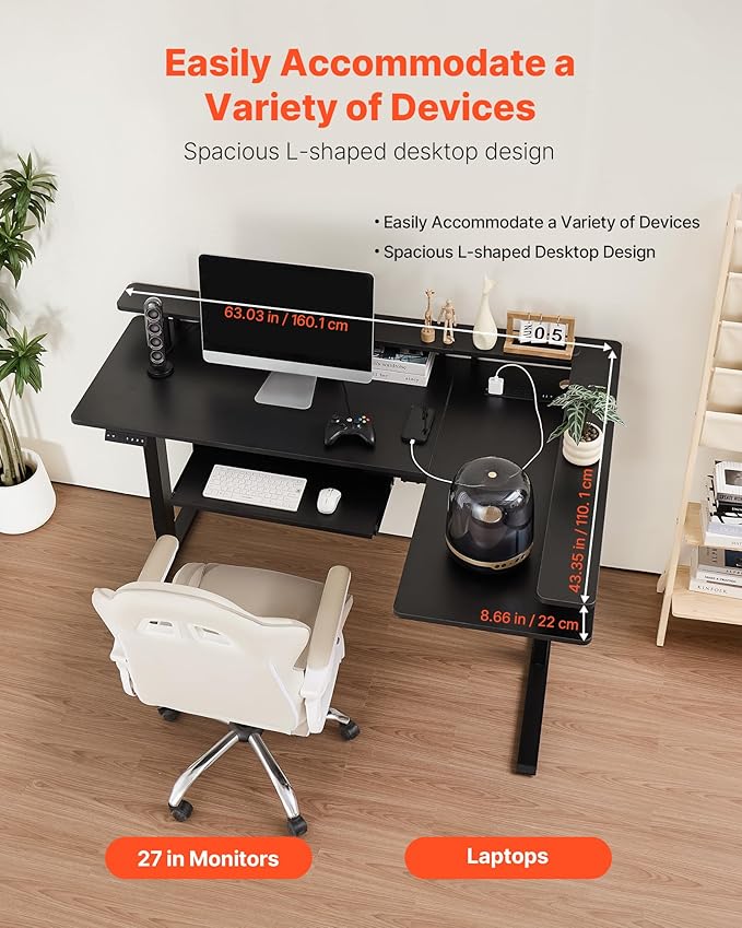 VEVOR L Shaped Desk, Electric Adjustable Height Corner Gaming Desk with Keyboard Tray and Dual Hooks, Heavy Duty L-Shaped Computer Table with Light Strip for Home Office, Easy to Assemble, Black