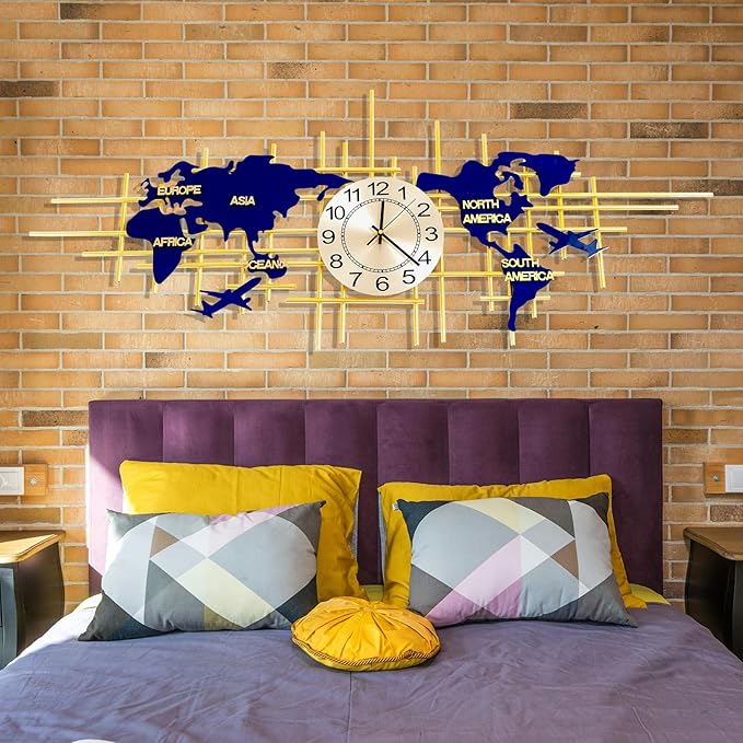 37.8 Inch Modern World Map Wall Clock, Silent Quartz 3D Design, Large Handmade Iron Frameless Decorative Clock for Living Room, Bedroom, Kitchen, Office (Large)