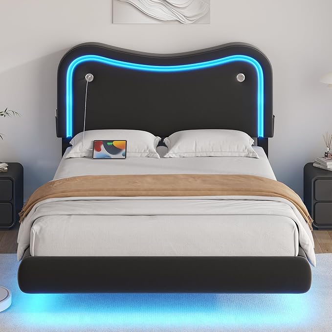 Queen Size Floating Bed Frame with LED Lights, Velvet Upholstered Headboard Bed Frame, Rounded Corners, Charging Station, No Box Spring Needed, Easy Assembly, Black