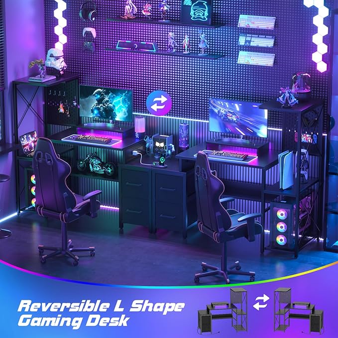 Small Gaming Desk with 2 Fabric Drawers - Reversible Computer Desk with Power Outlet & LED Lights, 49" Office Desk with Monitor Stand & Storage Shelves, Writing Study Table with Pegboard, Black