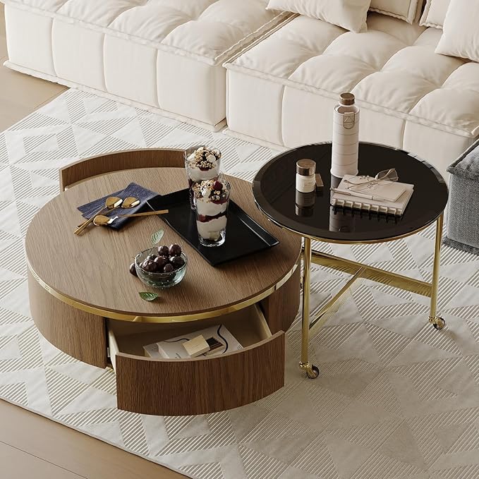 31.5 Inch Coffee Table with 2 Storage Drawers, Vintage Walnut Nesting Coffee Table Set of 2, Mid-Century Round Tea Center Table with Gold Chrome Base for Living Room Apartment