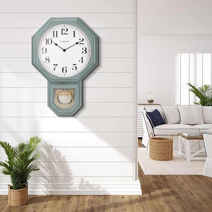 CLXEAST Pendulum Wall Clock, Schoolhouse Regulator Clock with Pendulum,Antique Aged Teal Green ABS Plastic,House Warming Gifts New Home,12" W x 17.5" H