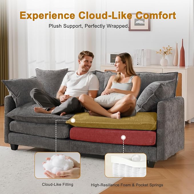 77" Cloud Sofa Loveseat & Couch｜Small 2-Seater Chenille Sectional Sofa with 29.1" Deep Seat｜FSC Certified Solid Wood & Metal Frame｜Easy Assembly & 1YR Guarantee｜ for Apartment Living Room｜Grey