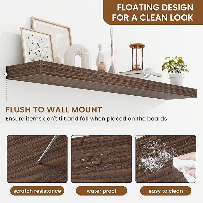 fuqing Floating Shelves for Wall, Wall Mounted Wood Floating Shelf with Invisible Brackets for Living Room, Bathroom, Bedroom, Kitchen Storage and Decor, 48 Inch Set of 2, Walnut