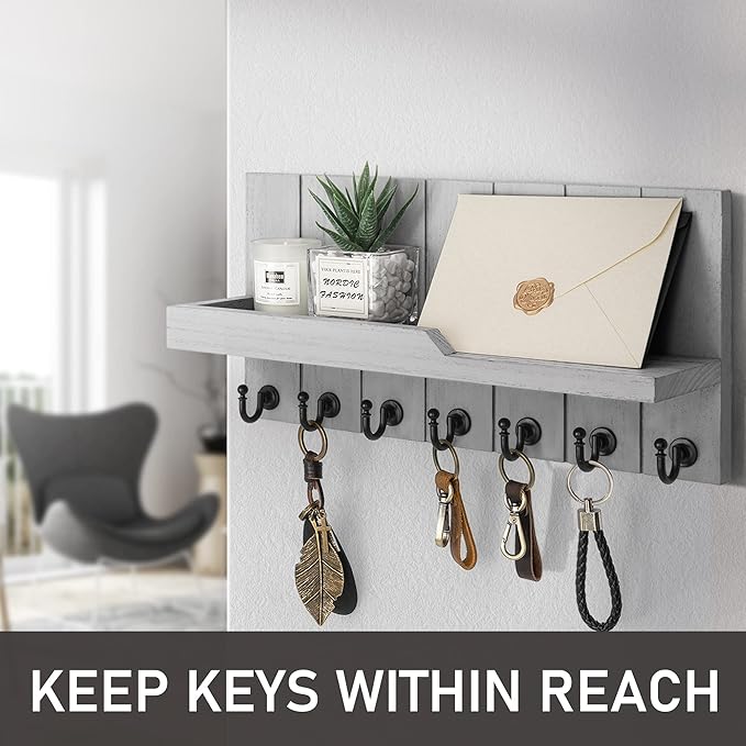 Rebee Vision Decorative Key and Mail Holder for Wall - Farmhouse 15 Inches Floating Shelf with 7 Sturdy Key Hooks for Home Entryway Wall Decor - Rustic Key Racks (Gray)