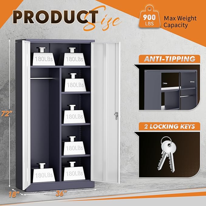 INTERGREAT Metal Wardrobe Closet, 72" Locking Storage Wardrobe Cabinet with White Doors and Shelves, 18 "D x 36" W Steel Clothes Storage for Office, Home, School, Gym (White Grey)
