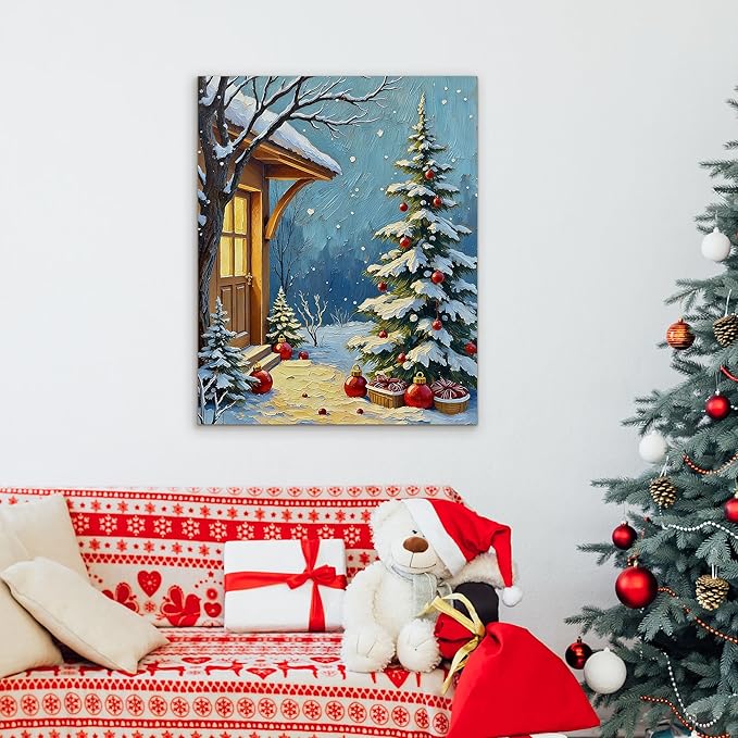 Framed Christmas Pictures Wall Decor,Vintage Pine Tree Prints,Winter Christmas Canvas Wall Art Decoration for Bedroom Bathroom Living Room Rustic Xmas Holiday Gifts (Christmas Tree 21, 24'' X 36'')