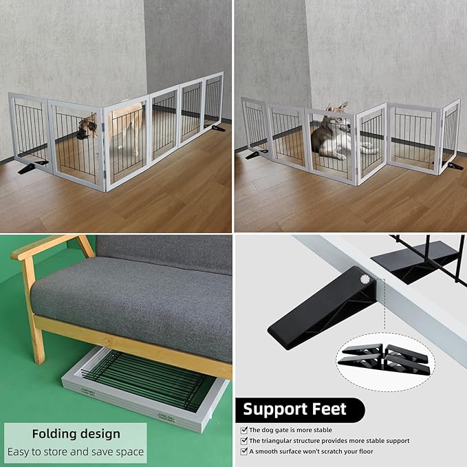 ZJSF Freestanding Dog Gate Indoor, Foldable Dog Fence for Doorways,Hallways or Stairs, Sturdy Wood Extra Wide Pet Gate with Support Feet,Grey,24 "Height-6 Panels