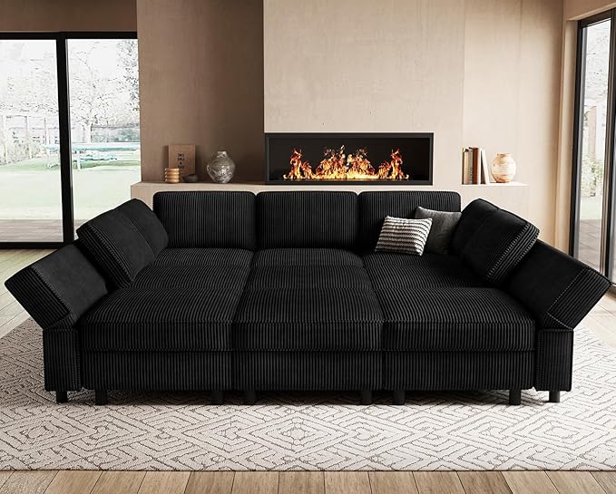 9 Seat Modular Sectional Sofa Sleeper Couch with Deep Storage Seat Corduroy Sectional Sofa Bed for Living Room,Black