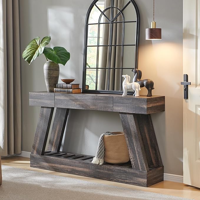 60" Farmhouse Entryway Table with Drawer, Entry Table with Storage, Sofa Table for Living Room, Behind Couch, Sofa(Dark Rustic Oak)