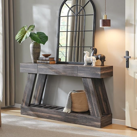 60" Farmhouse Entryway Table with Drawer, Entry Table with Storage, Sofa Table for Living Room, Behind Couch, Sofa(Dark Rustic Oak)