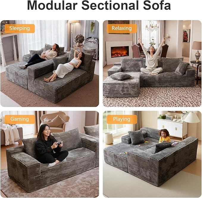 106'' Boneless Couches for Living Room, L Shaped Modular Sectional Sofa with Chaise Lounge, Faux Rabbit Fur & Layered Cushion Deep Seat Cloud Couch, No Assembly (Light Coffee, Left Facing Chaise)