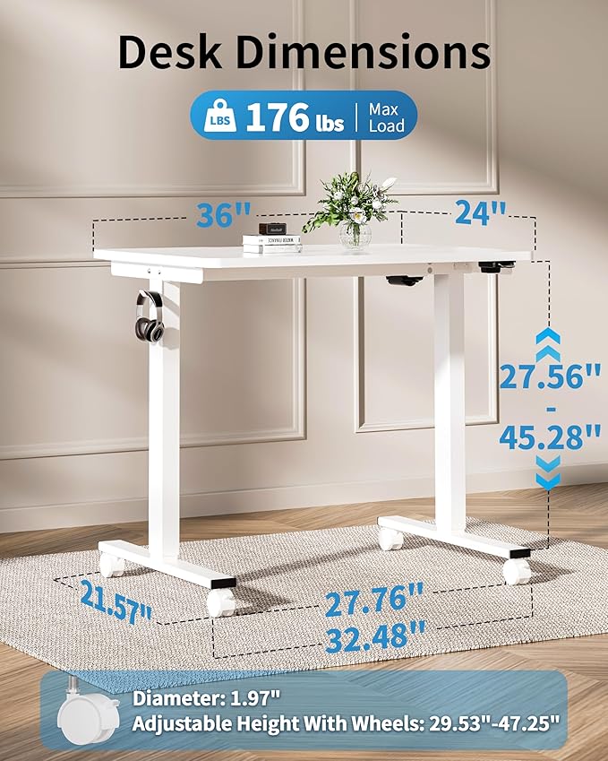 Okin Small Electric Standing Desk, 36" x 24" Whole Piece Height Adjustable Desk, White Sit to Stand Computer Workstation with Wheels for Home Office