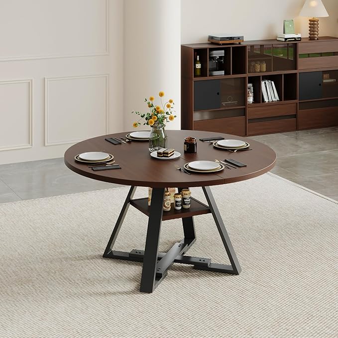Walnut Round Dining Table Set for 4, Mid-Century Modern Kitchen Table and Chairs, Small Space Dining Room Furniture for Apartment, Breakfast Nook or Studio (Walnut Wood-1 Storage Table)