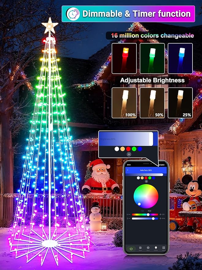 Flacchi 8.8 FT Smart Christmas Tree Lights - Star Tree Topper with Removable Bracket, App Control, Sync with Music, Waterfall Colored Lights for Indoor Outdoor Xmas Decorations (8.8FT/ String Lights)
