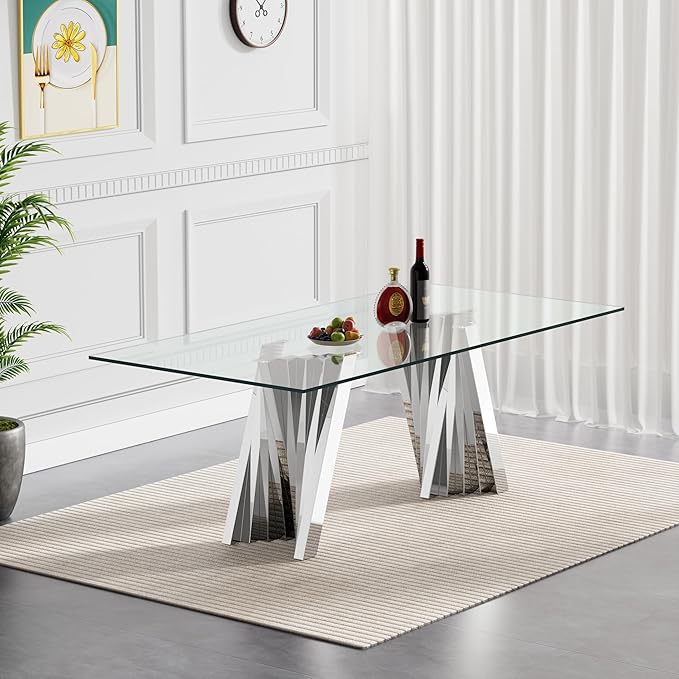 Goujxcy 70" Glass Dining Table Set for 6, Modern Silver Dining Table Set with 6 Grey Velvet Upholstered Dining Chairs, 7 Piece Kitchen Dining Room Table Set with Stainless Steel Legs