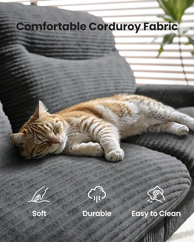 Amada 75" Convertible Futon Sofa Bed, Corduroy Folding Futon Set with Adjustable Backrest &Armrests, Recliner Lounge for Living Room, Apartment or Office, Solid Wood Frame, Loveseat Sofa -Dark Grey