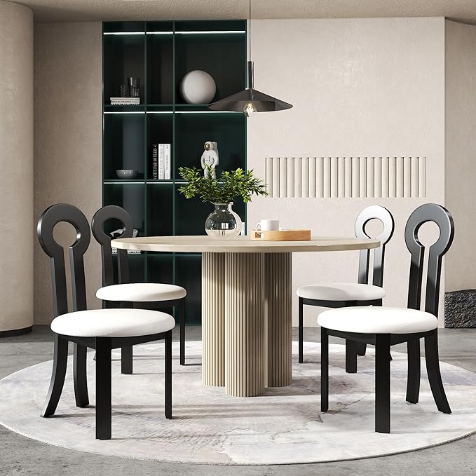 Wooden Dining Chairs Set of 4 Upholstered Kitchen & Dining Room Sherpa Chairs, Mid Century Modern Dining Chairs White with Black Legs